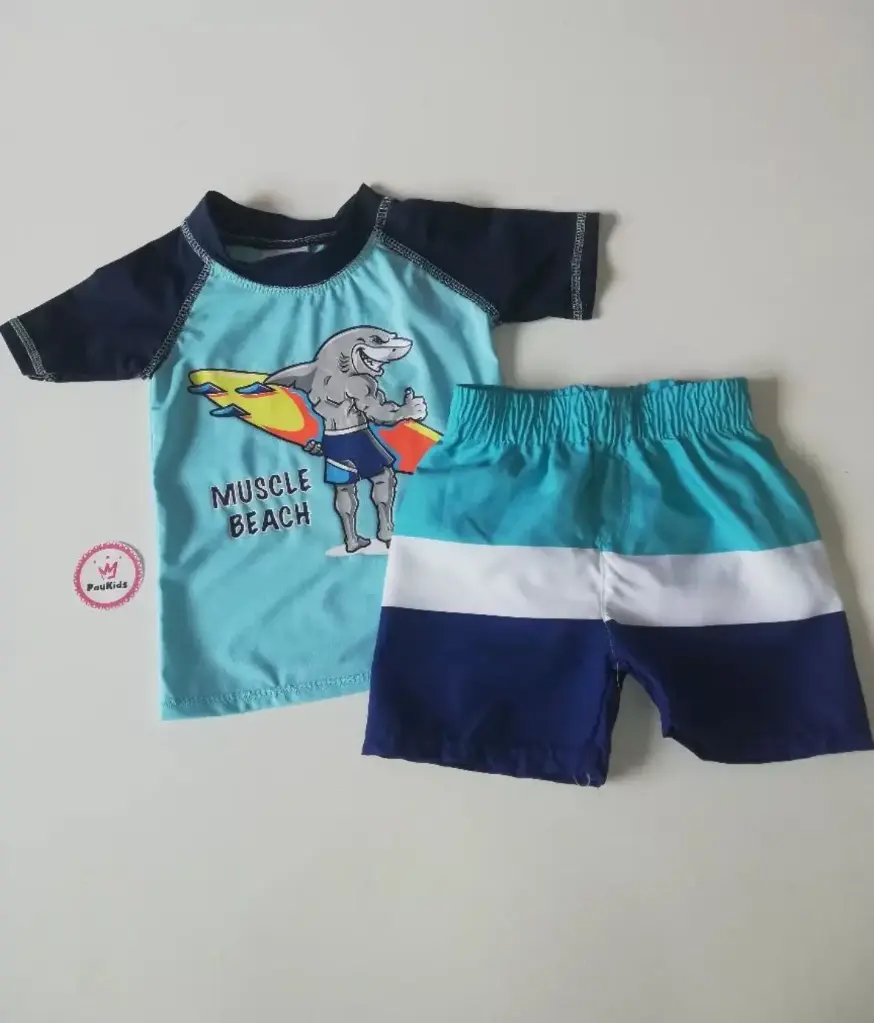 Set x2 traje de baño tiburón tabla celeste azul 