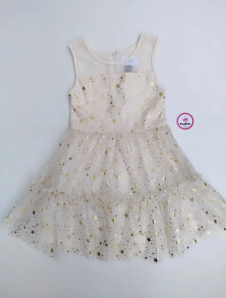 Vestido elegante beige tul estrellas doradas