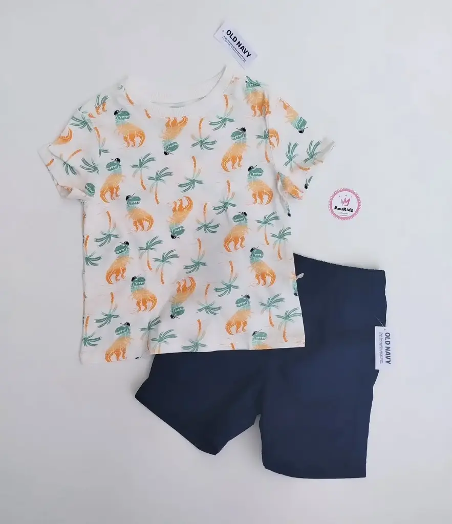 Set x2 Camiseta blanca dino y short azul