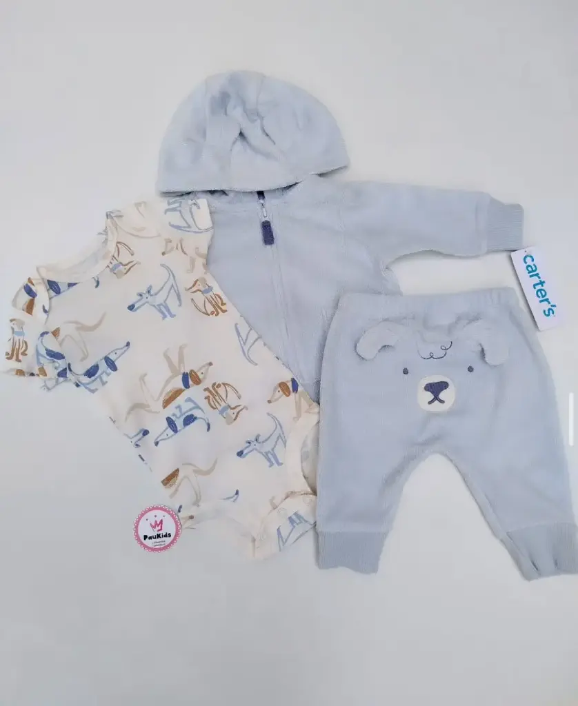 Set x3 buzo pantalón y bodie celeste perrito
