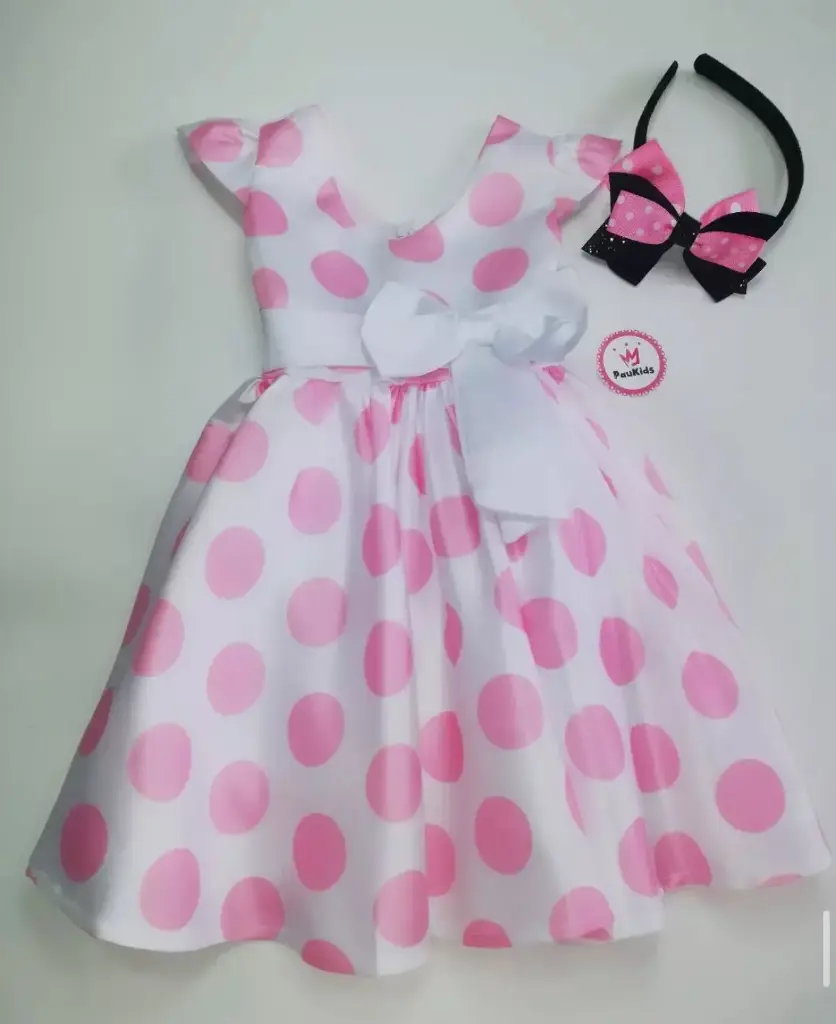 Vestido elegante blancos puntos rosa + diadema