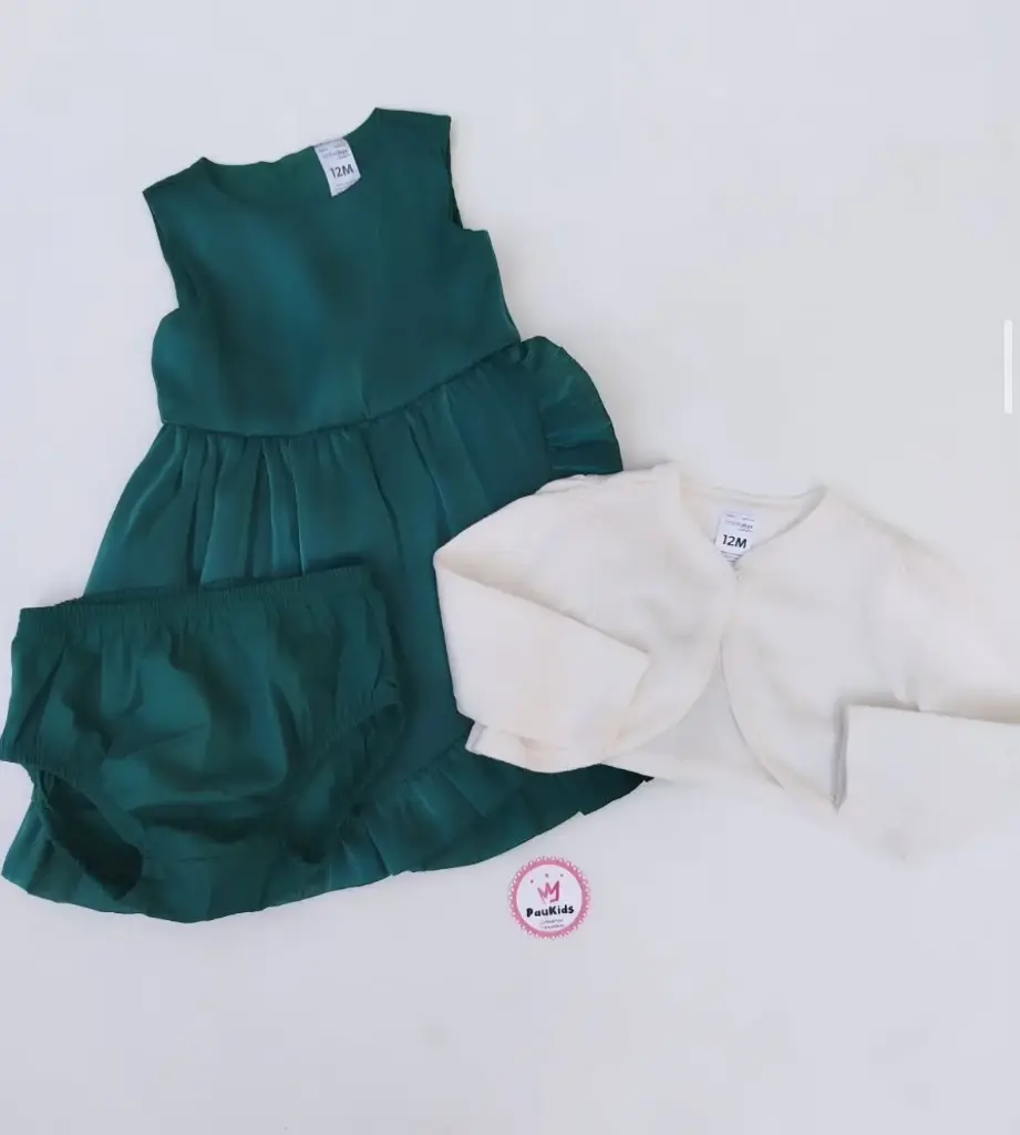 Set x3 Vestido elegante verde y bolero blanco