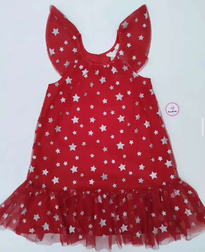 Vestido elegante rojo estrellas plateadas
