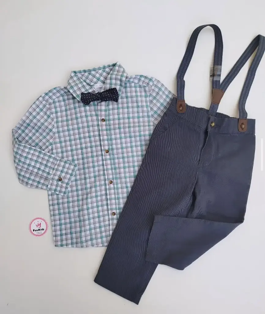 Set x2 camisa cuadros y pantalón con tirantes
