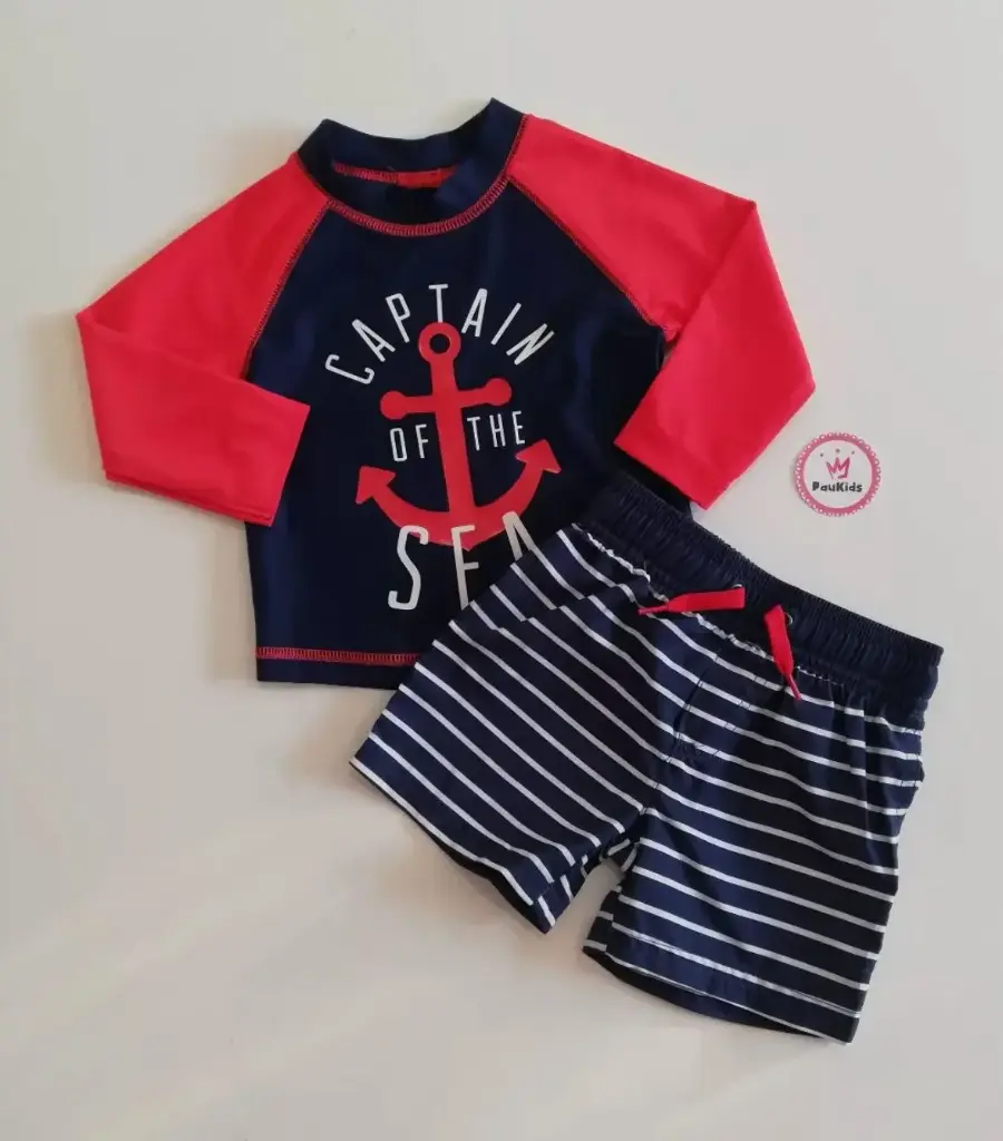 Set x2 traje de baño mangas largas azul/rojo capitán