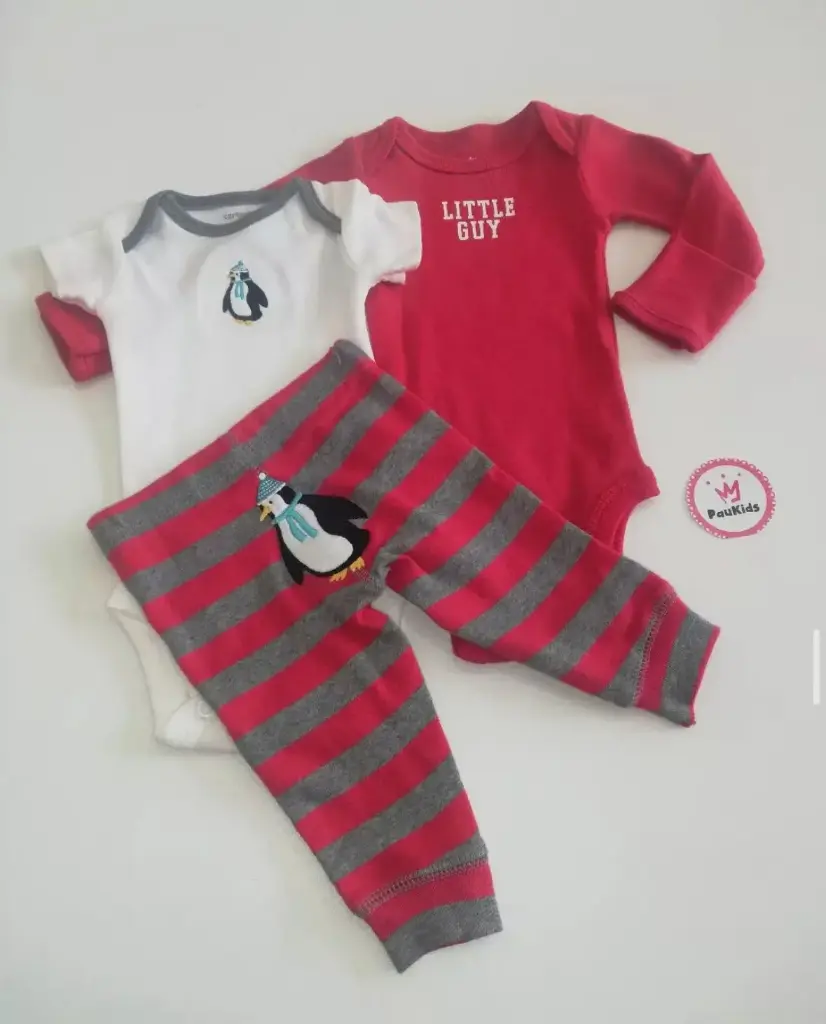 Set x3 bodie rojo y pantalón pinguino