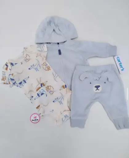 Set x3 buzo pantalón y bodie celeste perrito