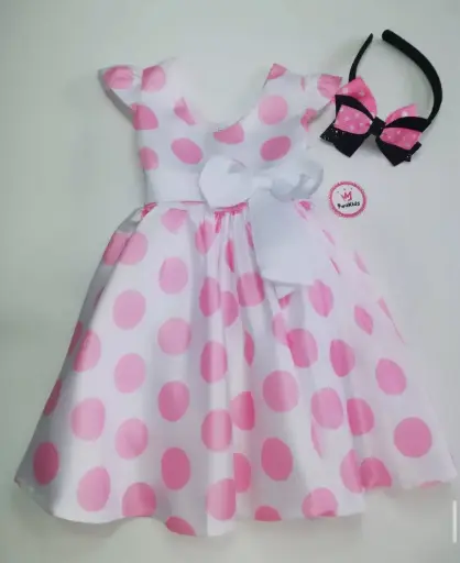 Vestido elegante blancos puntos rosa + diadema