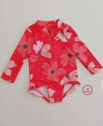 Traje de baño entero mangas largas coral flores