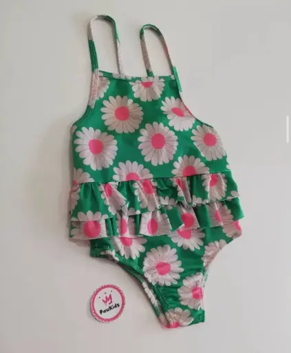 Traje de baño entero tirantes verde con margaritas