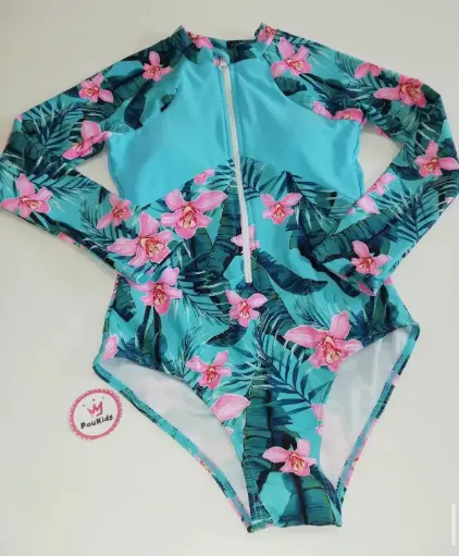 Traje de baño entero mangas largas turquesa flores