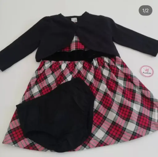 Set x3 Vestido elegante rojo cuadros y bolero 