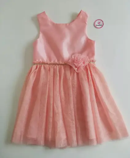 Vestido elegante rosa tul brillos y flor